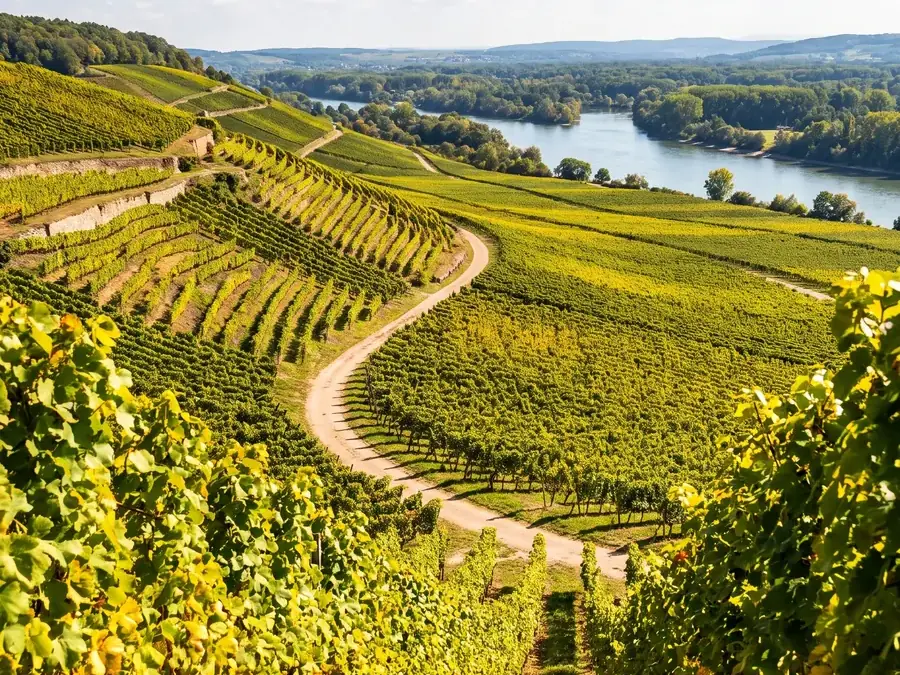 Weinberge in Hanglage über einem Flusstal
